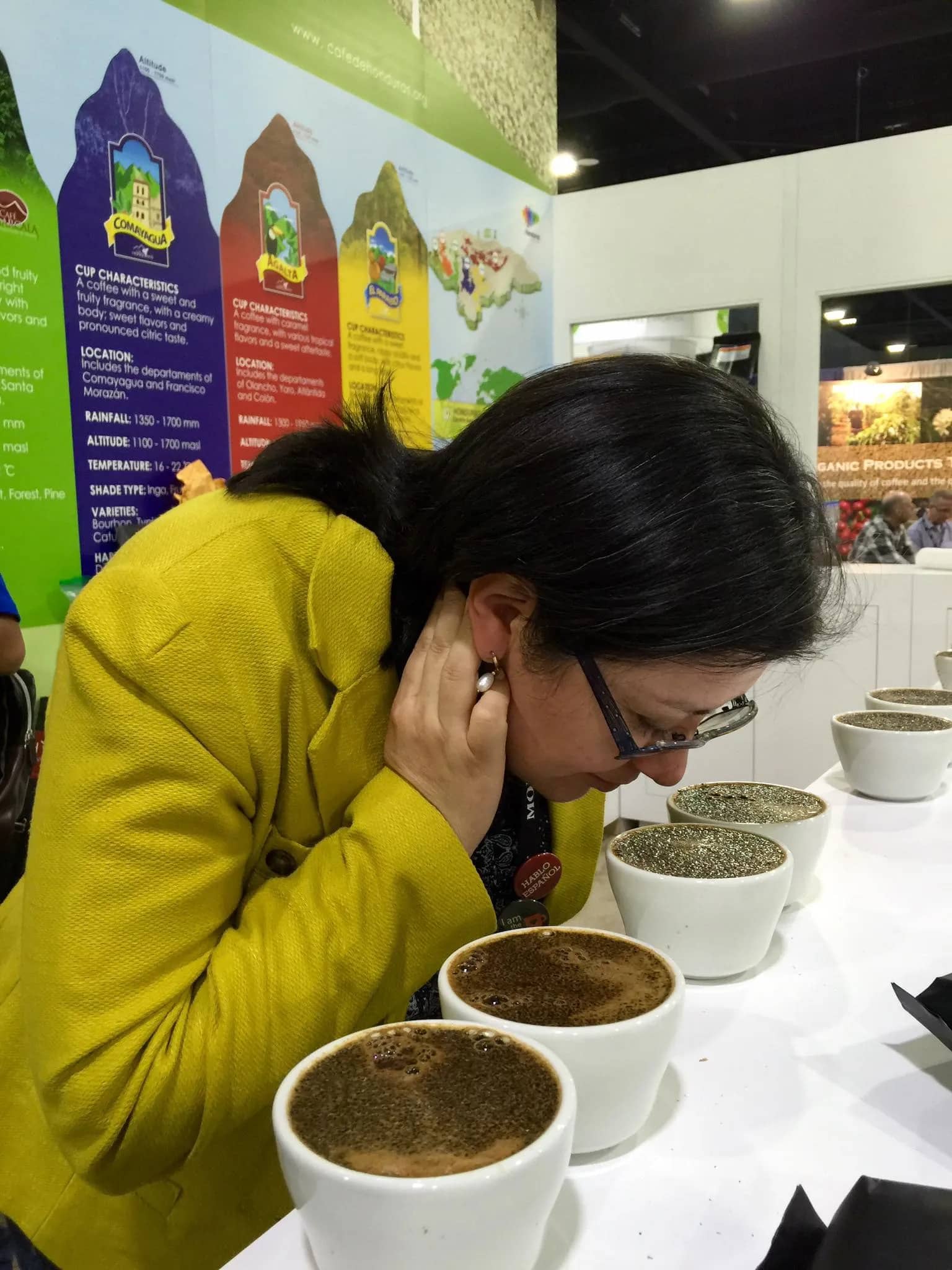 woman smelling coffee cups for quality